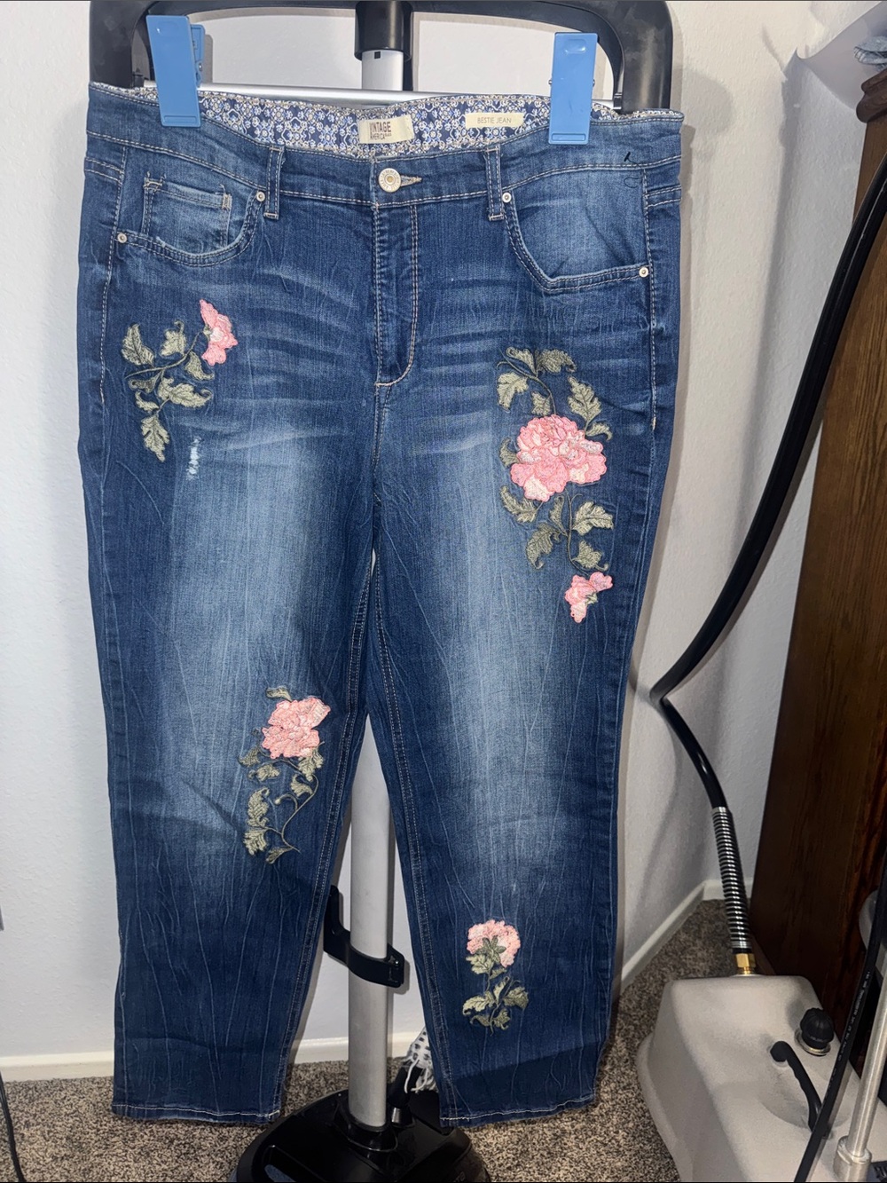 Vintage America Dark Blue Cropped Jeans with Pink Floral Embroidery